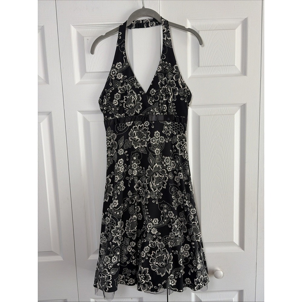 B. Smart Halter Floral Dress Womens Size 7/8 Black Y2K Cocktail Babydoll Pinup
